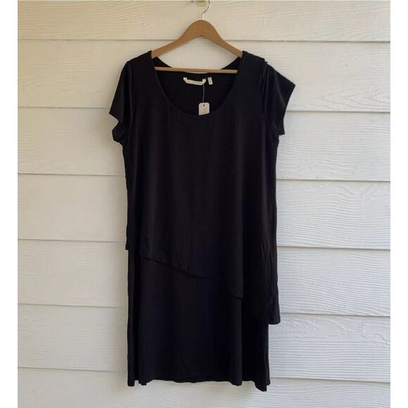 Soft Surroundings Shift Dress Large L Black Cap Sleeve Modern Stretch Layered - Picture 2 of 6